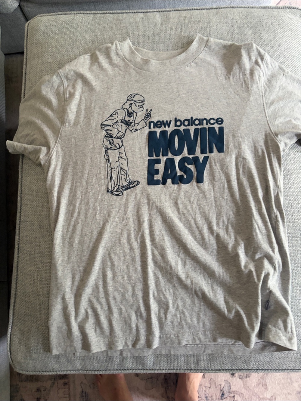 New Balance Light Gray Tee with Navy 'Movin Easy' Graphic